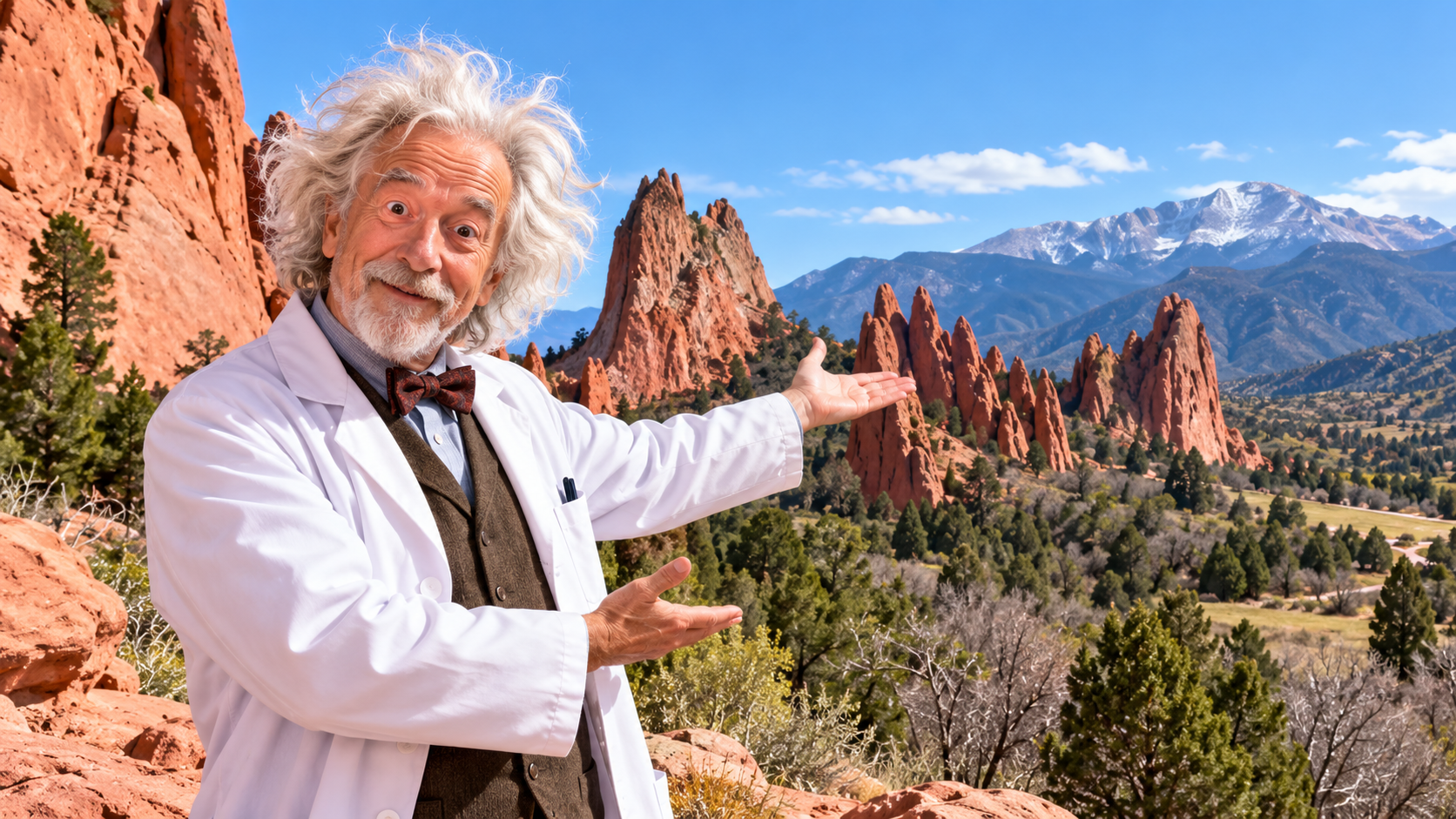 Professor Chronobumble in a white lab coat standing among red rock formations with snow-capped mountains in the distance