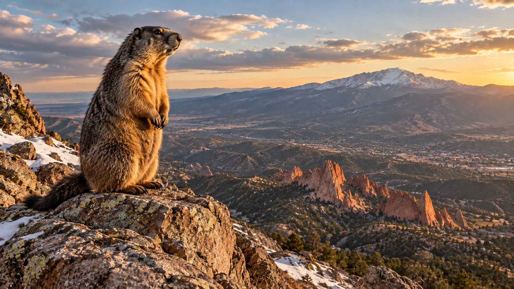 Gigi, a marmot, standing on a rocky mountain overlook at sunset