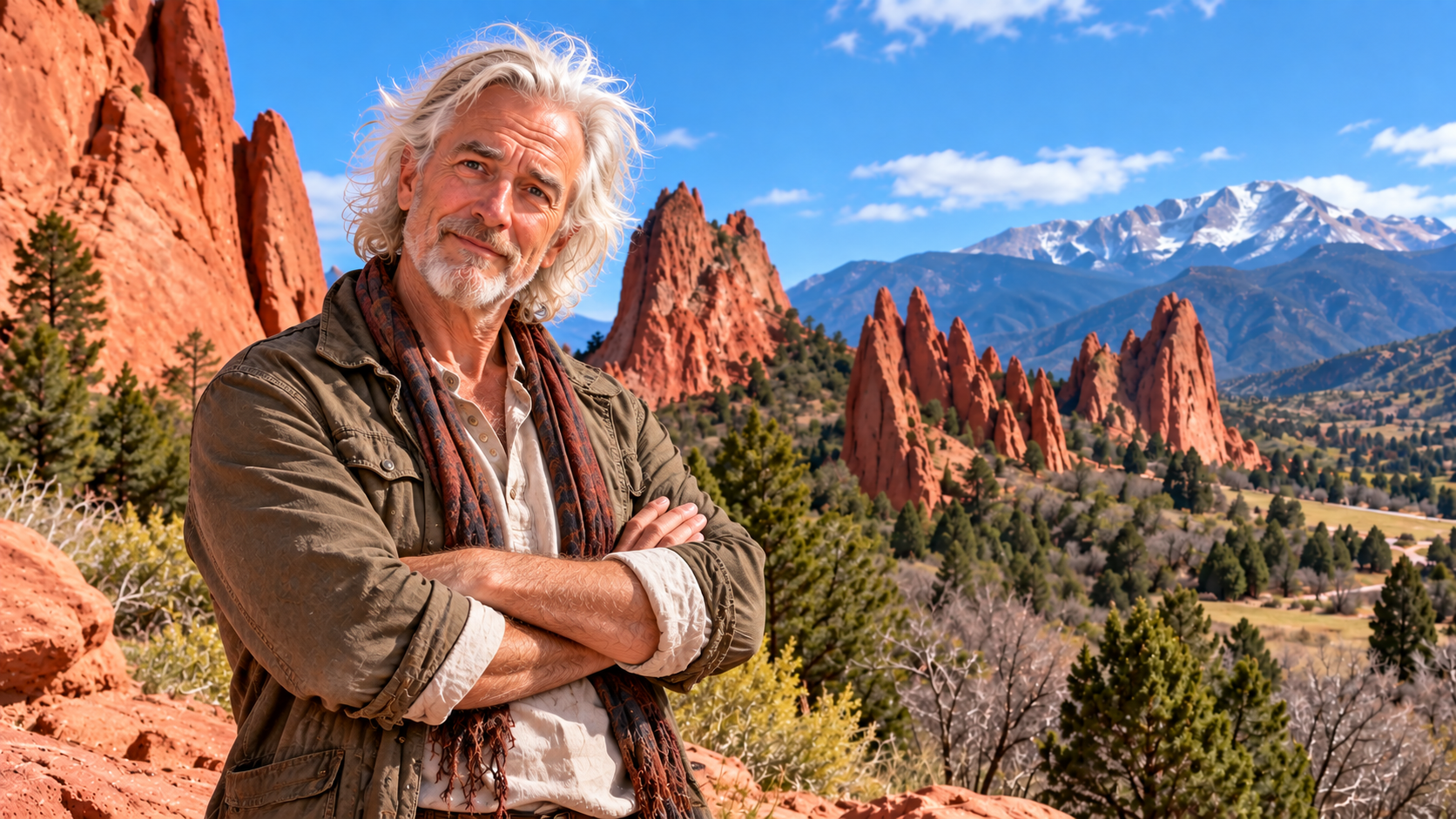 The Great Understander, a white-haired man standing among red rock formations with mountains in the distance