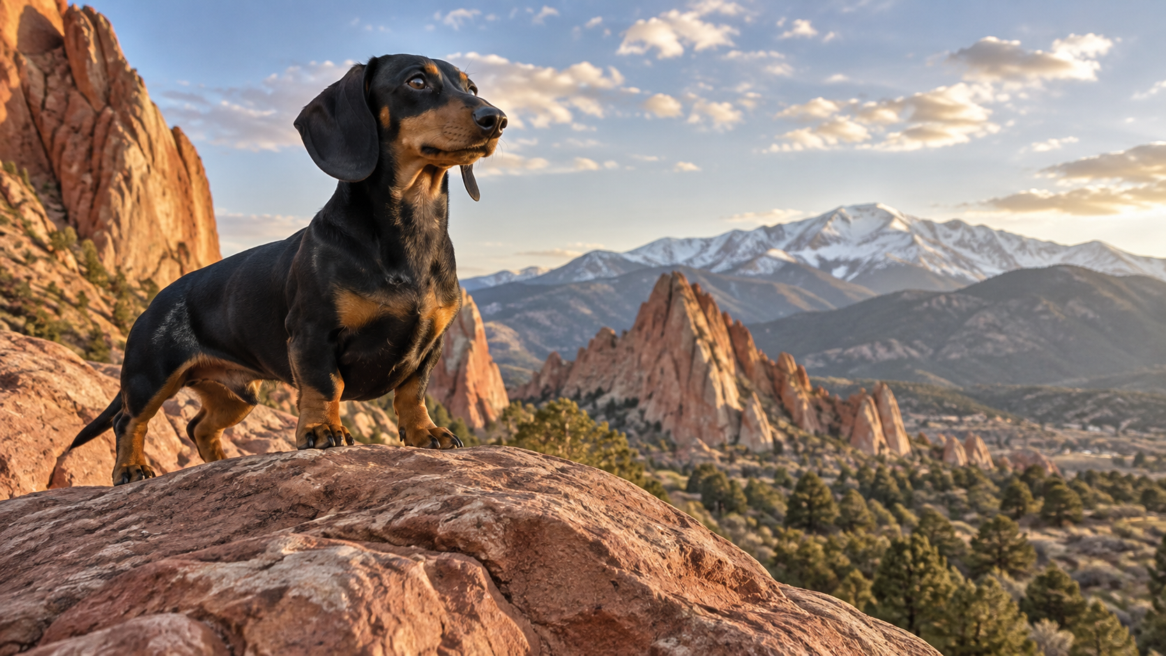 Leo, a black dachshund, standing on a rocky overlook with red rock formations and mountains in the distance