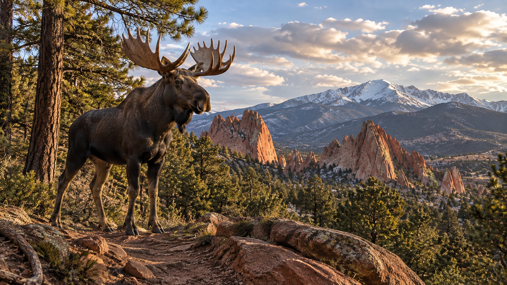 Moose standing among pine trees and red rock formations with snow-capped mountains in the distance