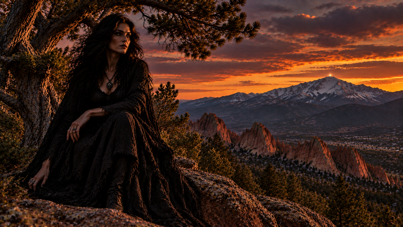 The Star Witch seated beneath a tree overlooking red rock formations and distant mountains at sunset
